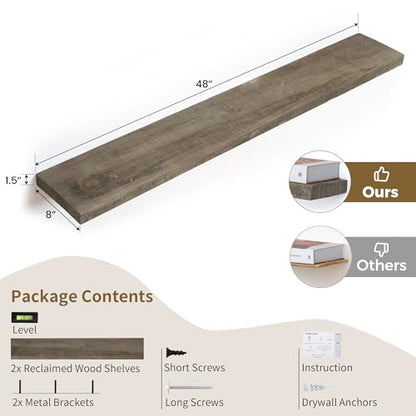 FLYJOE 48 Inch Fireplace Mantel Shelf - 8 Inch Deep Rustic Solid Reclaimed Wood Floating Shelf, Wall Mounted Farmhouse Display Shelf with Invisible Heavy Duty Metal Bracket, Set of 2, Cement Grey - color: Distressed Grey, size: 48inches-2P
