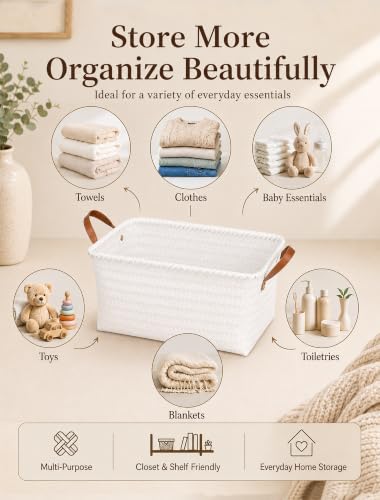 Wicker Storage Baskets, 4 Pack Woven Baskets for Shelves, White - color: Rectangle White