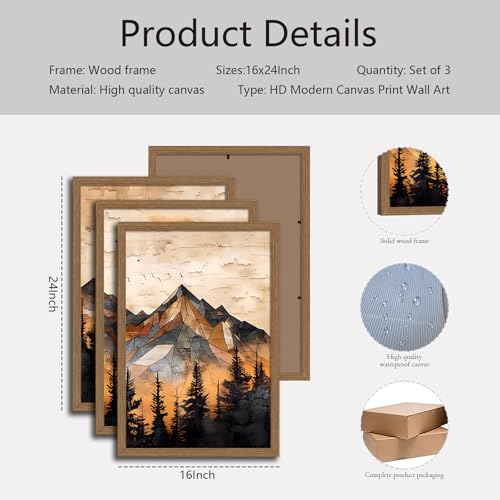 Geometric Mountain Wall Art Set of 3, Abstract Sunset Canvas Prints - color: GeometricMountain, size: 16x24 Inches