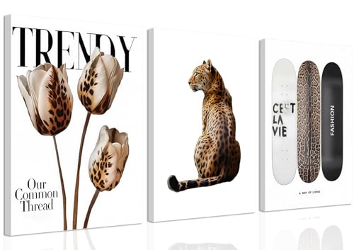 Trendy Leopard Canvas Wall Art Set of 3 Cheetah Printed Preppy Fashion Skateboard Wall Decor Preppy Room Aesthetic posters Prints for Girls Bedroom Apartment Dorm 12x16in Framed Decoration - color: Leopard canvas, size: 12x16in