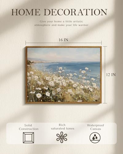 WHASAYART Framed Coastal Landscape Floal Canvas Wall Art 12x16 Inch - color: Camellia by the Shore, size: 16"L x 12"W