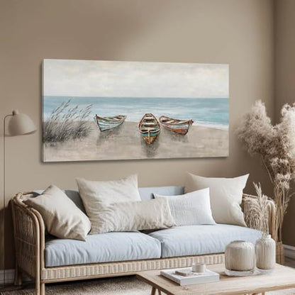 Coastal Boat Canvas Wall Art Beige Blue for Living Room 24x48 Inch - color: Blue and Brown, size: 48"L x 24"W