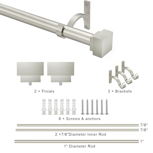 Single Curtain Rods for Windows 48 to 84 Inch(4-7ft),1 Inch Diameter Adjustable Heavy Duty Drapery Rods,with Modern Square Aluminum Alloy Finials,Satin Nickel - color: Satin Nickel, size: 48-84"