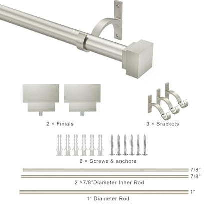 Single Curtain Rods for Windows 48 to 84 Inch(4-7ft),1 Inch Diameter Adjustable Heavy Duty Drapery Rods,with Modern Square Aluminum Alloy Finials,Satin Nickel - color: Satin Nickel, size: 48-84"