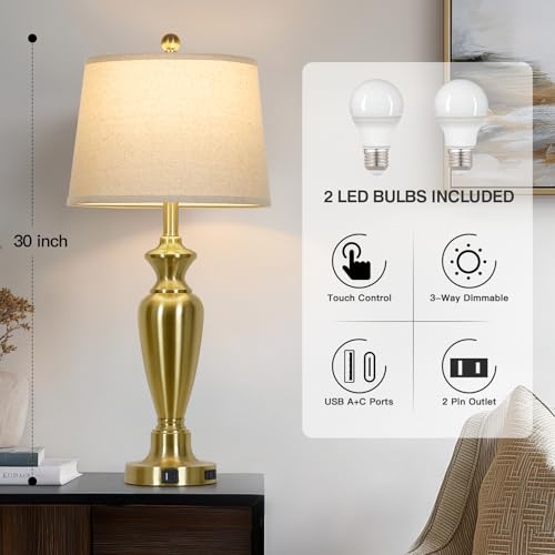 30" Tall Gold Table Lamps Set of 2 for Living Room, Touch Control Bedside Lamps for Nightstand, 3-Way Dimmable Bedroom Table Lamp with USB A+C Ports and AC Outlet (2 LED Bulbs Included) - color: Gold - 30"H