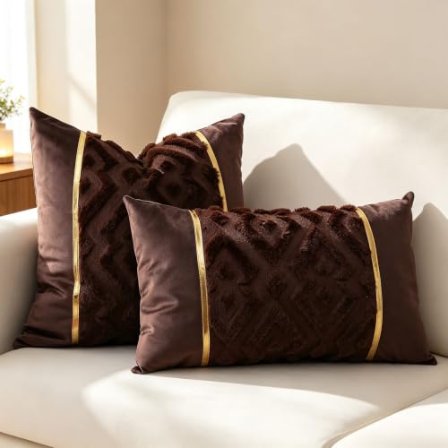 Luxury Patchwork Tufted Lumber Pillow Cover 12x20 Inch Set of 2 - color: Dark Brown, size: 20" x 12" (Pack of 2)