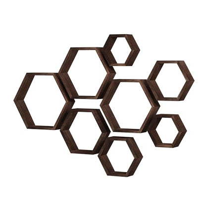 WONFUlity Hexagon Floating Shelves, Hexagonal Shelf Wall Mounted Storage - color: Brown, size: 8PC
