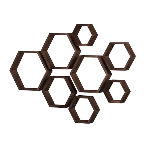 WONFUlity Hexagon Floating Shelves, Hexagonal Shelf Wall Mounted Storage - color: Brown, size: 8PC