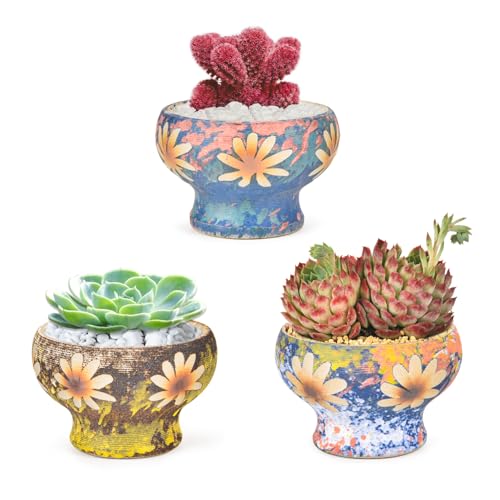 Sungmor Small Succulent Planters Set of 3, Beautiful Hand Crafted Ceramic Plant Pots Cute Cactus Pot, 4.9 Inch Flower Pots for Indoor Plants with Drainage, Desktop Windowsill Home Office Decor Pots - color: Style-g (Dia.: 4.9inch & H: 3.5inch)