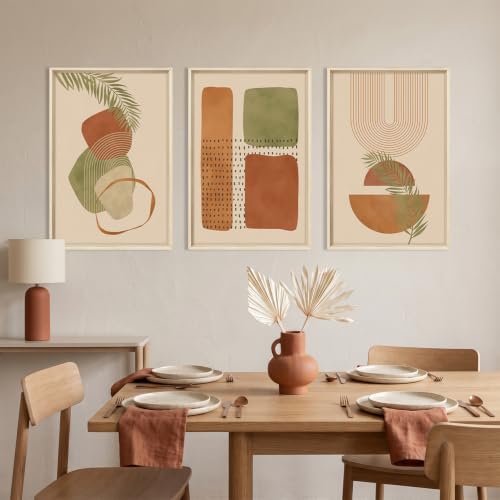 HOURIA Terracotta Sage Green Palm Leaf Framed Canvas Wall Art Set-16"x24"x3 - color: Boho Botanical Wall Art, size: 16"L x 24"W