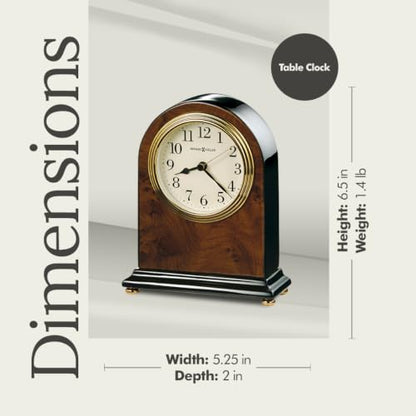 Howard Miller Bedford Tabletop Clock | Walnut Piano Finish, Brass-Tone Bezel, Quartz Movement, Off-White Dial – Home & Office Decor
