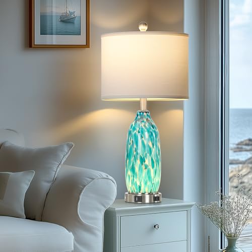 Rinweey 26" Peacock Green Glass Table Lamp for Bedroom Living Room,Coastal Nautical Bedside Lamps with USB Ports & AC Outlet,Touch Lamps with Night Light,Single Peacock Green - color: Peacock Green-1P