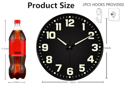 12 Inch Silent Wall Clocks Battery Operated, Glow in the Dark Wall Clock with Easy Read Numbers Non-Ticking Tempered Glass Night Vision Clocks for Living Room Office Gym Bedroom, Modern Black - color: Black Green, size: 12 Inch
