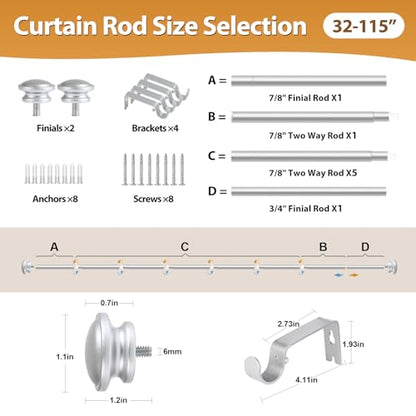 TONIAL Curtain Rods for Windows, 32 to 115 Inch, Silver, Single Drapery Rod - color: Silver, size: 32-115"