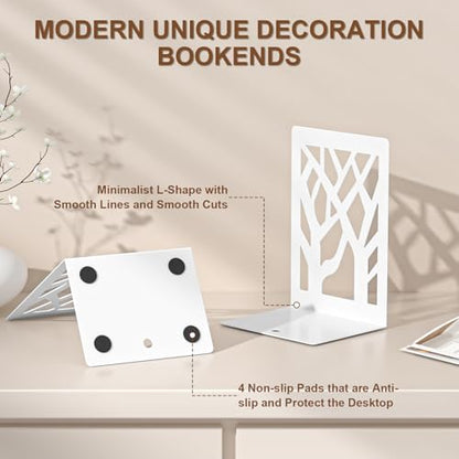 VFINE Withe Bookend 4-Piece, Tree Design Bookends for Shelves, Metal Book Ends for Desk, Decoration Stylish Bookshelf Bookends for Home Office School Supplies - style: White bookend 2 pairs