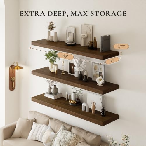 60" Extra Deep Floating Shelves, Set of 3, Walnut Wood - color: Walnut, size: 3T60IN