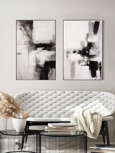 SAFERRYHOME Modern 3D Textured Black and White Abstract Wall Art, 24"x36"x2 - color: Black White, size: 24" x 36" x 2 Panel Framed