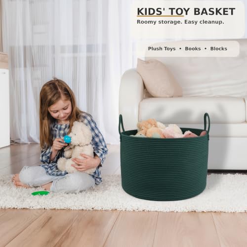XUANGUO 66L Large Blanket Basket, Round Cotton Rope Basket, Dark Green - color: dark green