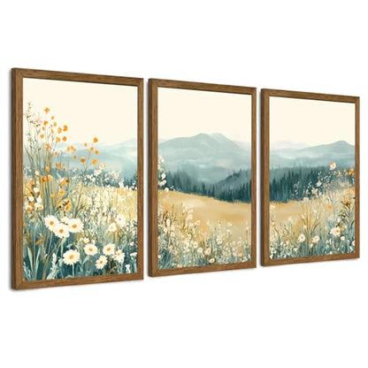 AVECCO 3 Pieces Wildflower Meadow Mountain Framed Canvas Wall Art 20x30 in - color: Mountain flowers, size: 30"L x 20"W