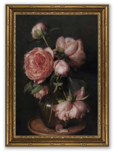 Gold Framed Vintage Dark Floral Canvas Wall Art, Retro Pink Peony Still Life Picture Wall Decor, Moody Flower Painting Print Artwork, for Living Room, Bedroom, Home Decoration 16x24in - color: Framed, size: 24"L x 16"W