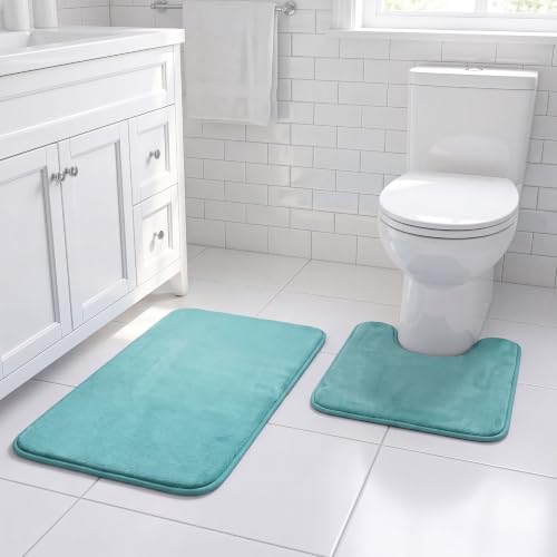 H.VERSAILTEX Bath Mat Set Flannel Velvety Luxury Extra Soft Absorbent Non Slip Bathroom/Bedroom Rugs (Curved Set 20"x 32" Plus 20"x 20"U, Eggshell Blue) - color: Eggshell Blue, size: 20" x 32" Plus 20" x 20" U