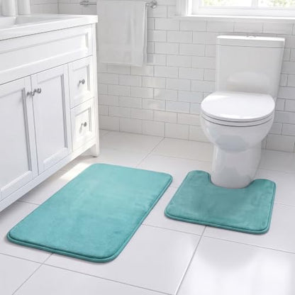 H.VERSAILTEX Bath Mat Set Flannel Velvety Luxury Extra Soft Absorbent Non Slip Bathroom/Bedroom Rugs (Curved Set 20"x 32" Plus 20"x 20"U, Eggshell Blue) - color: Eggshell Blue, size: 20" x 32" Plus 20" x 20" U