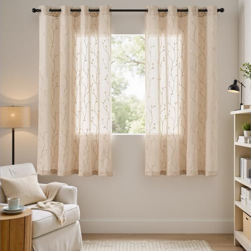 jinchan Beige Leaf Voile Embroidered Curtains 63 Inch Grommet Top 2 Panels - color: Vine Grommet Beige, size: 55"W x 63"L (Pack of 2)