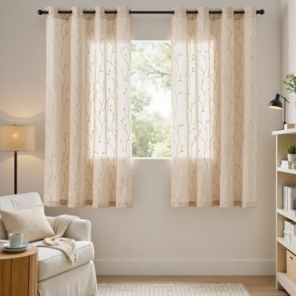 jinchan Beige Leaf Voile Embroidered Curtains 63 Inch Grommet Top 2 Panels - color: Vine Grommet Beige, size: 55"W x 63"L (Pack of 2)