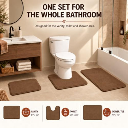 RUN HELIX Bathroom Rugs Sets 3 Piece, Soft Absorbent Memory Foam Bath Mats Set, Dry Fast Bath Mat, Machine Washable Bath Rug Set for Bathroom （Chocolate） - color: Brown