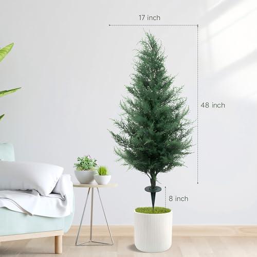 Faux Cedar for Outdoor Planterst 4FT Artificial Cedar Trees with Lights for Outdoor Artificial Plants Outdoor for Front Porch Home Office Decor - size: 4ft