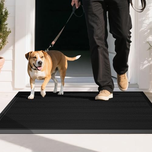 Mibao Front Door Mat Entrance, Waterproof All Weather All Season Non-Slip Rubber Welcome Mat, Dirt Trapper Low-Profile Heavy Duty Mud Doormat for Patio Entryway Garage Pool, 17" x 36", Black - color: Black, size: 1'5" x 3' (Rectangular)
