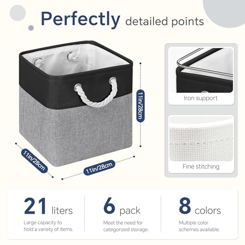 FinishingBo 11 inch Cube Storage Bin with Handles 6 Pack - color: Black/Grey-6 Pack