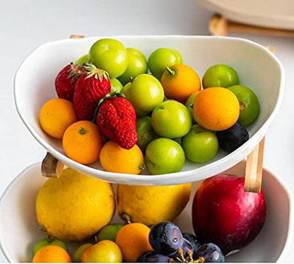 XUDREZ 3-Tier Ceramic Fruit Basket with Bamboo Tray, Large Capacity - color: Green