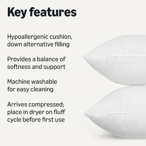 Amazon Basics Throw Pillow Insert, Down Alternative Fiberfill, Hypoallergenic, Machine Washable, 18 Inch, 2-Pack, for Sofa Bed Couch - size: 18 x 18 inches, style: 2 Pack