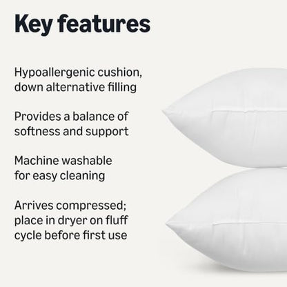 Amazon Basics Throw Pillow Insert, Down Alternative Fiberfill, Hypoallergenic, Machine Washable, 18 Inch, 2-Pack, for Sofa Bed Couch - size: 18 x 18 inches, style: 2 Pack