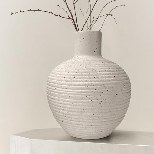 Oakrain Large Flower Vase with Groove Texture, 13" Tall Floor Vase, White - size: 13 Inch