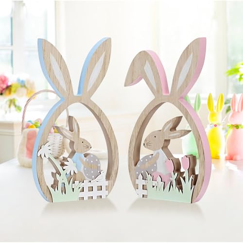Easter Bunny Decor – 2Pcs Farmhouse Wooden Easter Decorations for Home, Rustic Spring Signs Table Centerpiece, Cute Natural Wood Rabbit Figure for Mantle Shelf Tiered Tray Indoor Decor - color: Fh3023