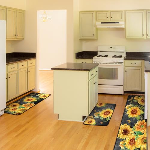 Fourluoo 3 Pcs Sunflower Kitchen Rugs and Mats Decor Set Black Sunflower - color: Sunflower