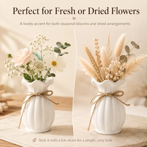 Small White Ceramic Vase, 5.9 Inch Modern Wavy Flower Vase with Rustic Rope, Minimalist Tabletop Vase for Shelf, Desk, Coffee Table, Living Room, Bedroom, Home Decor Gift