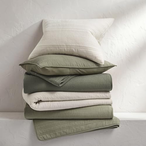 EVERGRACEHOME 100% Cotton Modern Lines Quilt Set Queen Size, Light Sage - color: Light Sage, size: Full/Queen (92" X 92")
