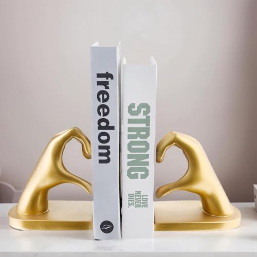 2Pcs Gold Heart Hands Book Ends, Non-Slip Heavy Duty Bookends for Shelves