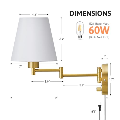VONLUCE Wall Lamp, Plug in & Swing Arm Wall Sconce, Gold Finish - color: Gold, size: 1 Pack