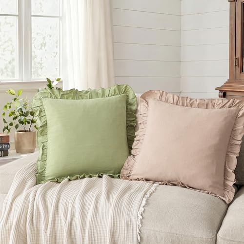Foindtower Linen Fringe Ruffle Throw Pillow Covers 18×18 Inch Light Green - color: Light Green, size: 18" x 18" (Pack of 2)