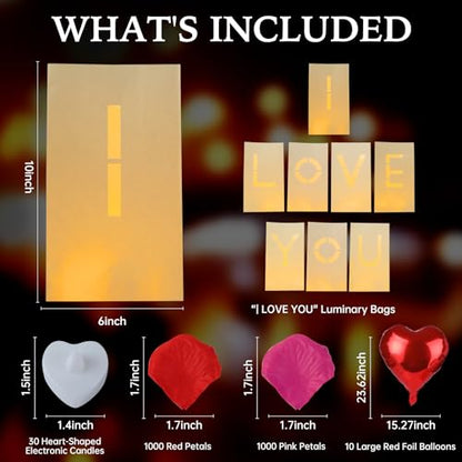 I Love You Decorations – Surprise Set with Light Up Letters, 30 Tea Light Candles, 2000 Rose Petals, 10 Balloons – Luminary Bags for Couples & Romantic Moments - style: I Love You