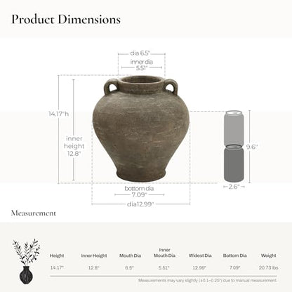 LuxenHome Rustic Large Flower Vase,14'' Tall Brown Terracotta Cauldron Vase - size: Medium