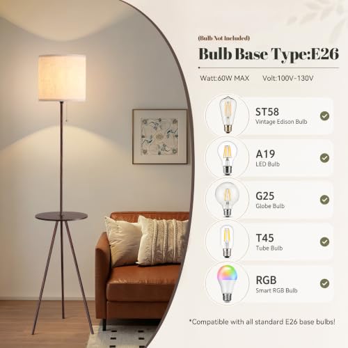 Floor Lamp with Table Attached, Linen Shade, Standing Lamp for Living Room - color: Brown