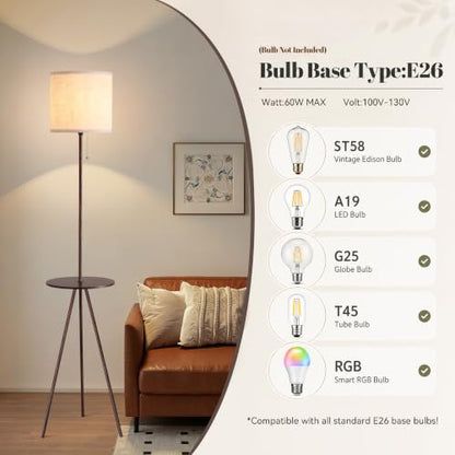 Floor Lamp with Table Attached, Linen Shade, Standing Lamp for Living Room - color: Brown