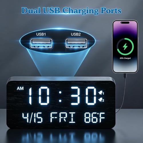Premium Black Wooden Digital Alarm Clock with Wireless Phone Charger, Dual USB Charging Ports, Dimmable LED Display, Date and Day of Week, Small Digital Desk Clock for Bedroom Nightstand Bedside Table - color: Black