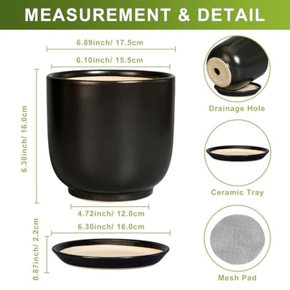 Ceramic Planter 7 Inch Plant Pot with Drainage, Black - color: Matte Black, size: 7 Inch