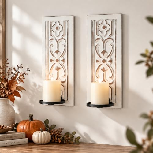Whitewashed Wood Wall Candle Sconces Set of 2, Floral Design - color: Distressed White